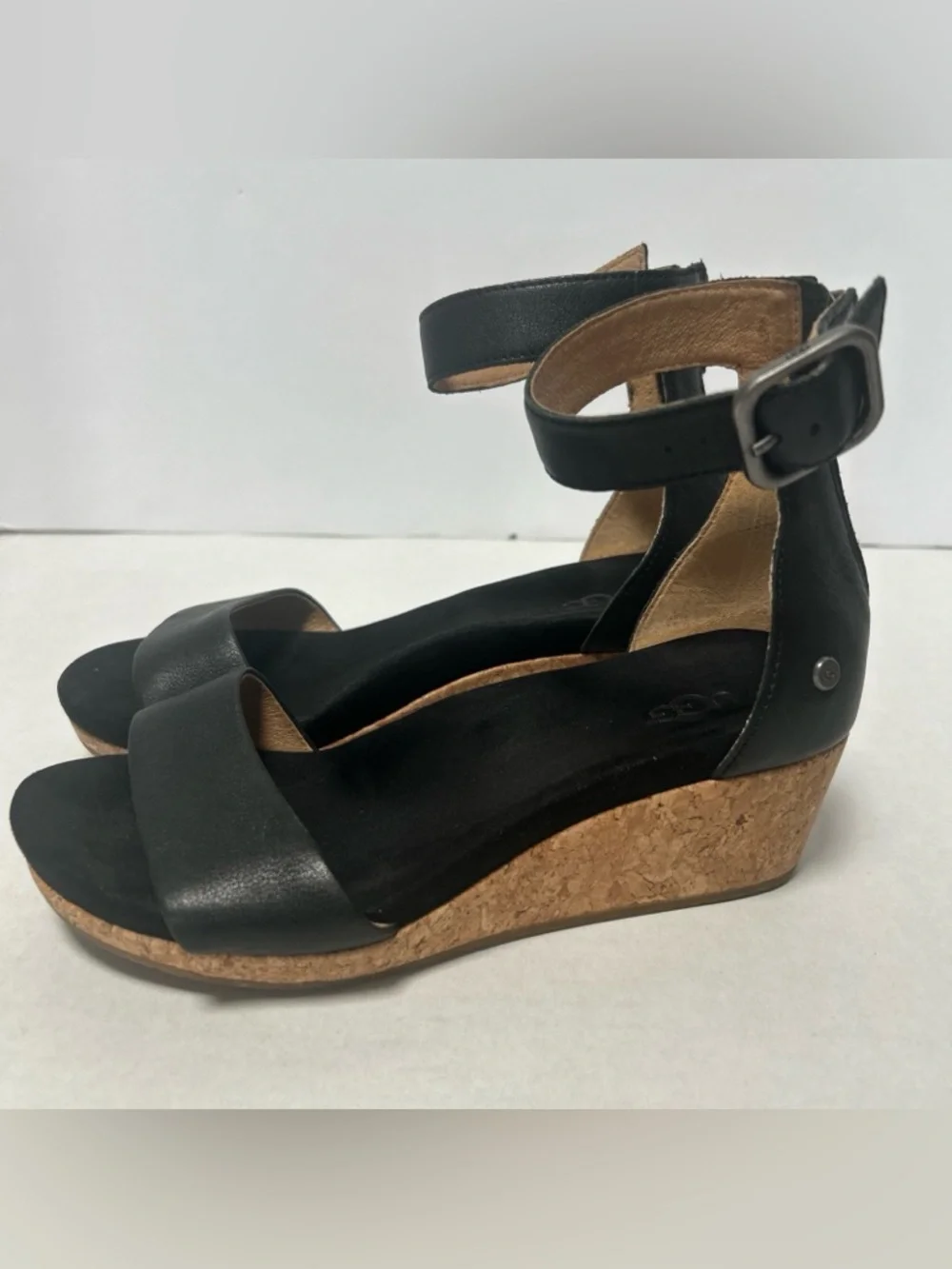 UGG Zoe II Leather Open Wedge Cork Sandal Ankle Strap‎ 1102674 Black Size 6.5